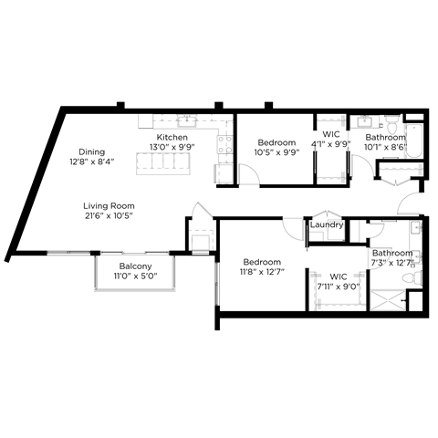 Floor plan for 2 beds, 2 baths, 1296 sqft